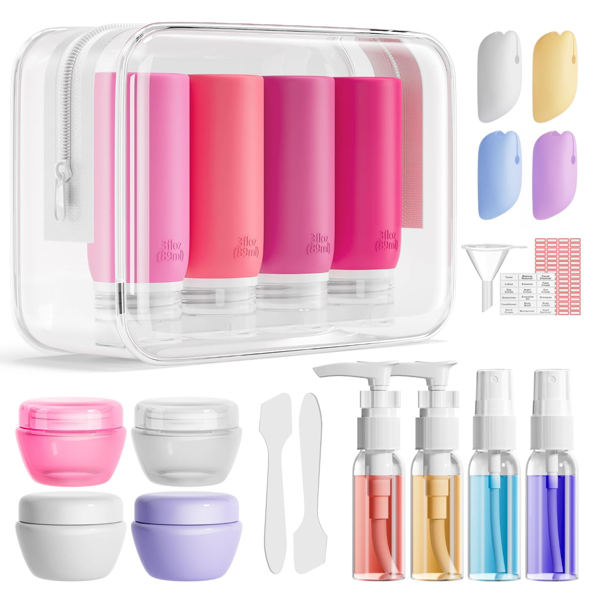 Muslish 21-pack pink travel bottles set with leak-proof caps ideal for safe packing.