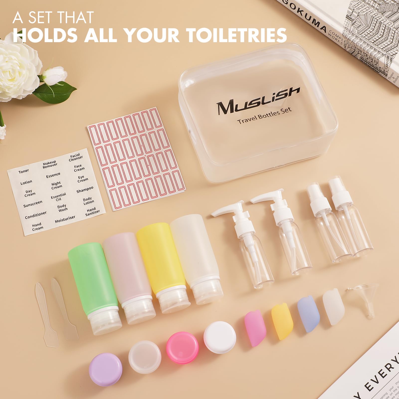 Muslish funnel and trowel help neatly organize liquids in luggage.
