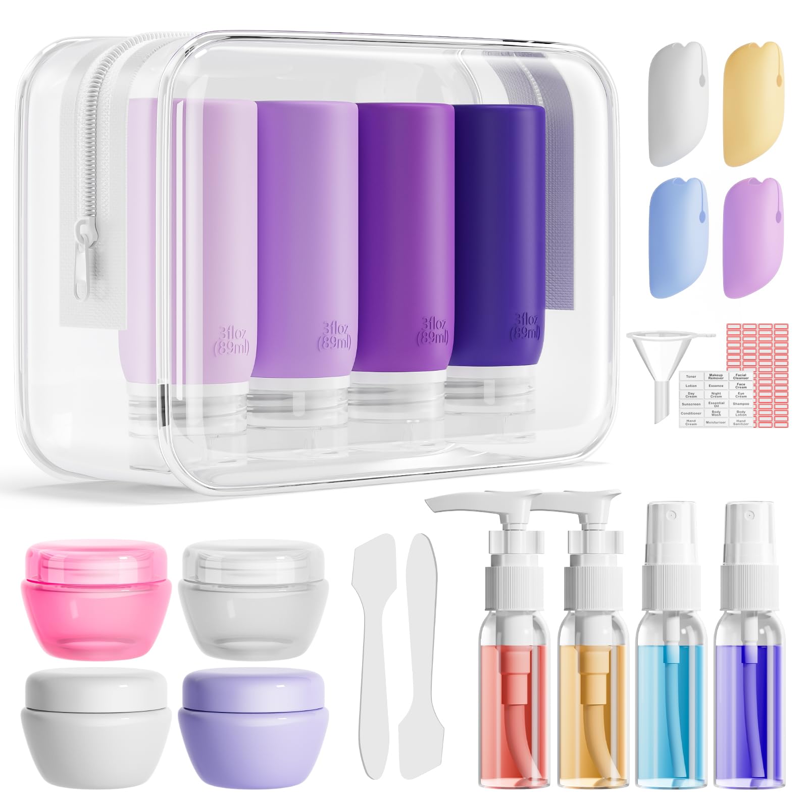 Muslish 3oz travel bottles demonstrating leak-free storage for carry-on packing