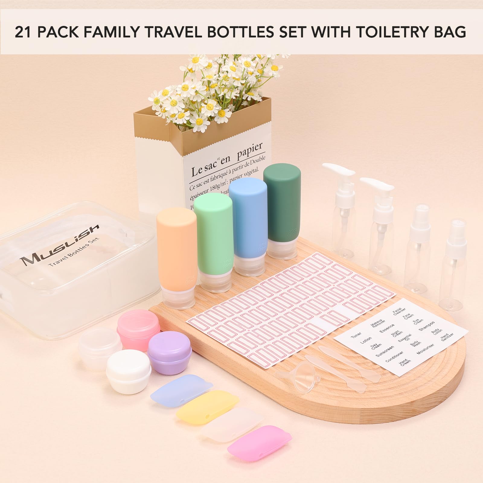 Muslish travel bottles in use inside a compact toiletry bag.