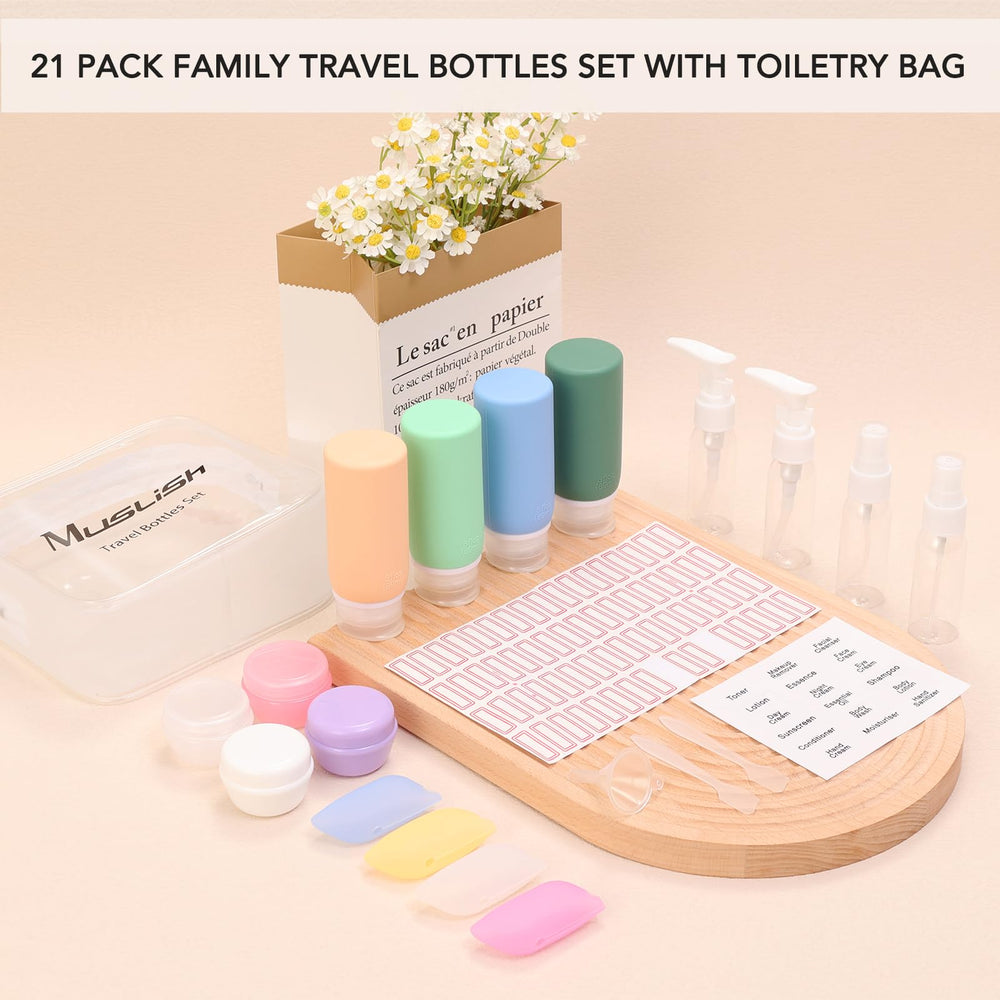 Muslish travel bottles in use inside a compact toiletry bag.
