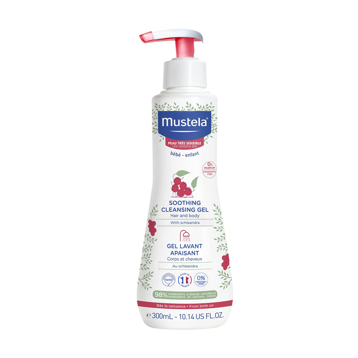 Mustela Baby Soothing Cleansing Gel, bote frontal, limpieza suave para piel sensible.