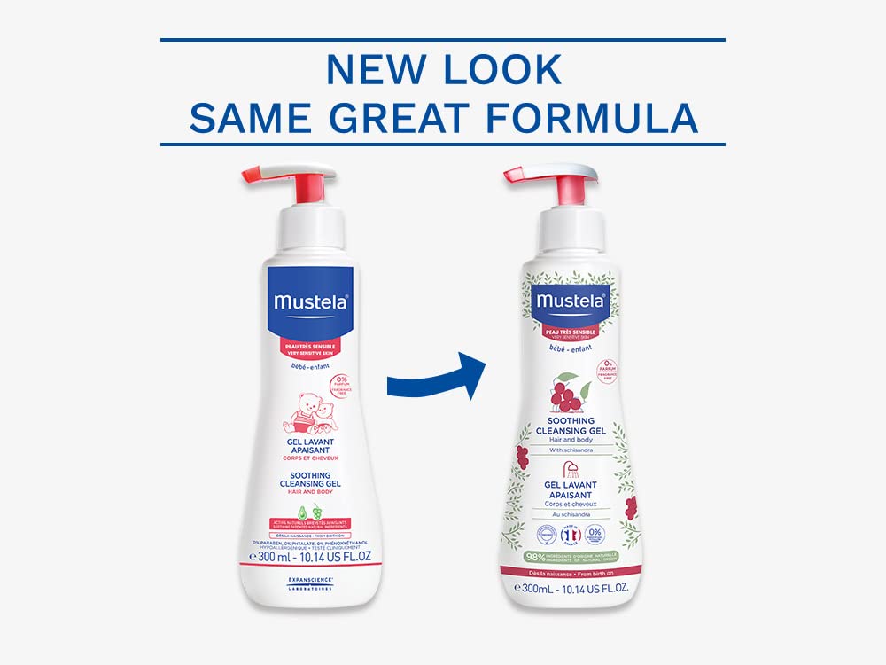 Mustela Baby Soothing Cleansing Gel, etiqueta sin fragancia, opción segura para piel sensible.