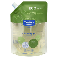 Mustela gel limpiador orgánico en botella, ideal para uso diario familiar.
