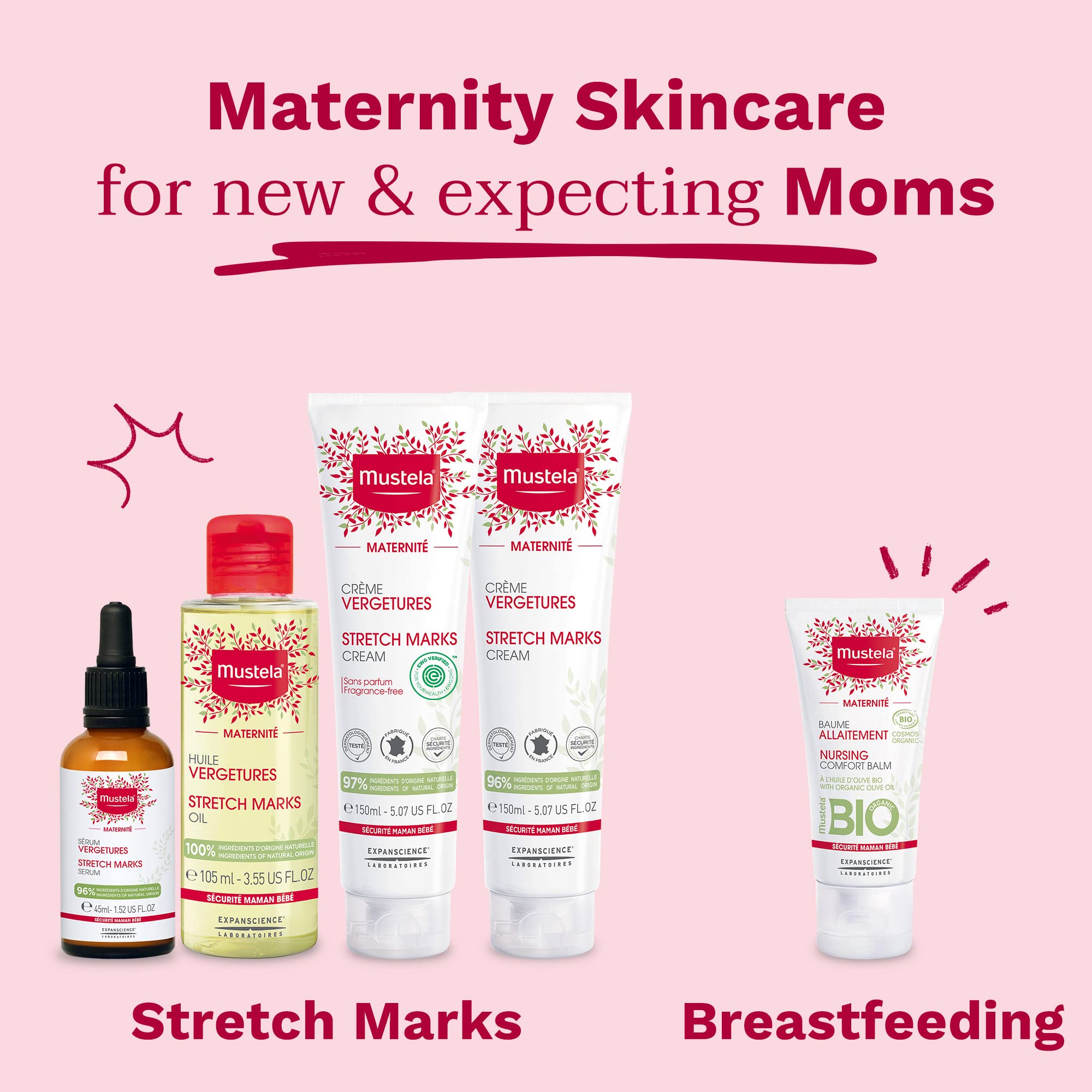 Mustela fragrance-free label emphasizes safe, gentle care for mom and baby.