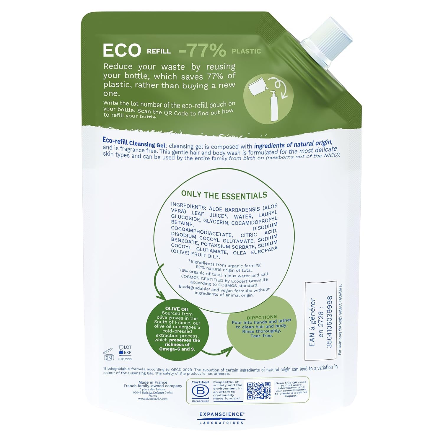 Mustela ingredientes orgánicos: aloe y aceite de oliva para la piel.