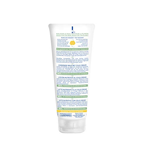 Mustela Loción Nutritiva, textura cremosa para piel seca del bebé.