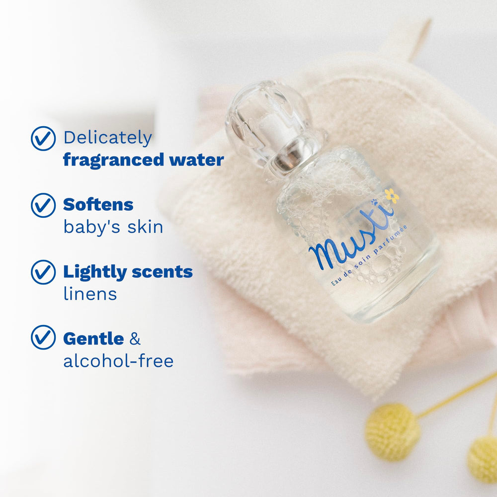 Mustela Musti chamomile honey essence highlights soothing botanical ingredients.