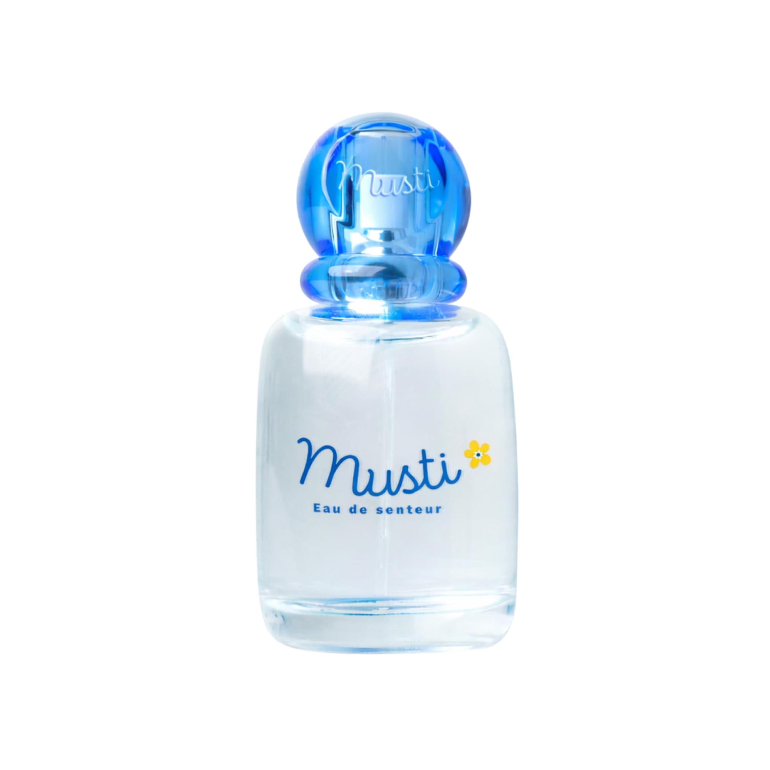 Mustela Musti eau de soin bottle close-up for gentle baby scent.