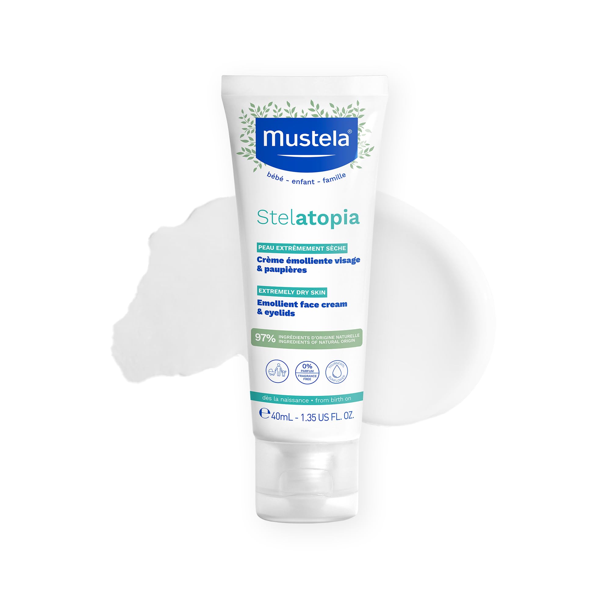 Mustela Stelatopia crema facial emoliente para pieles atópicas del bebé, calma irritación.