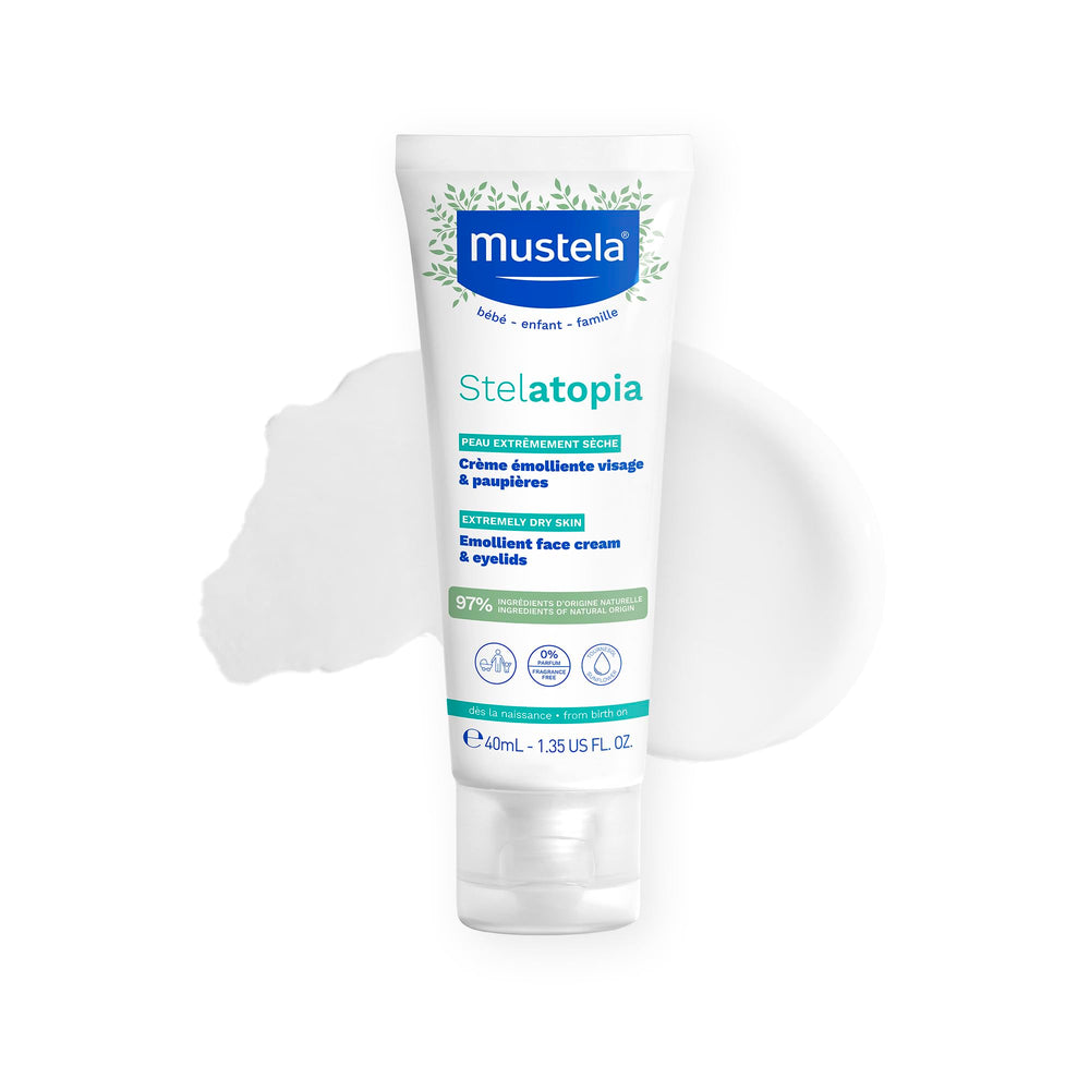 Mustela Stelatopia crema facial emoliente para pieles atópicas del bebé, calma irritación.