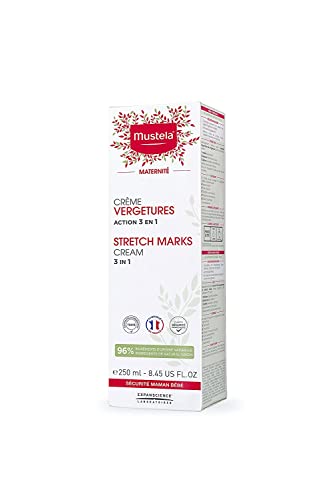 Mustela Stretch Marks Cream label from France highlighting premium skincare for moms-to-be