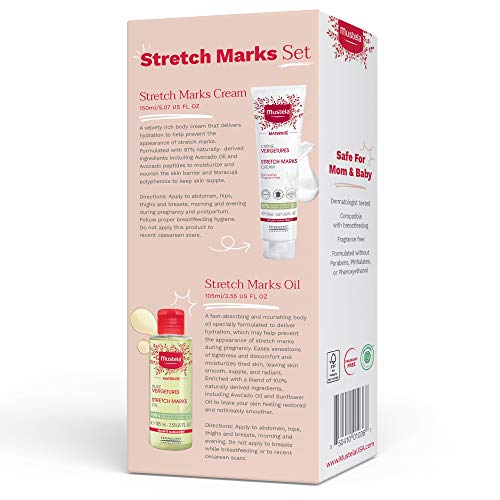 Mustela stretch marks oil bottle provides lightweight moisture for belly care.