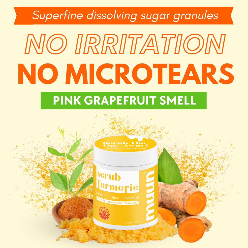 Muun Turmeric Scrub: aroma de pomelo y cúrcuma para una experiencia revitalizante.
