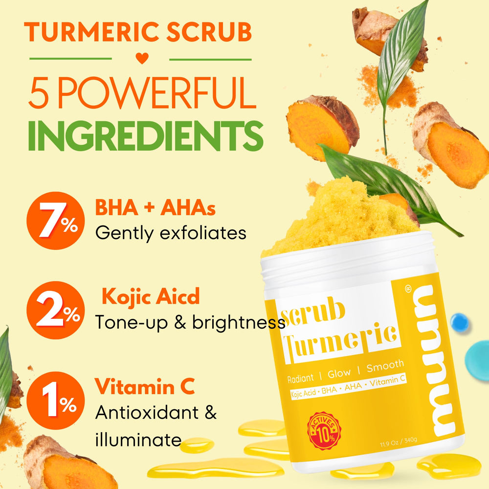 Muun Turmeric Scrub: granulos de azúcar suaves para exfoliación suave.