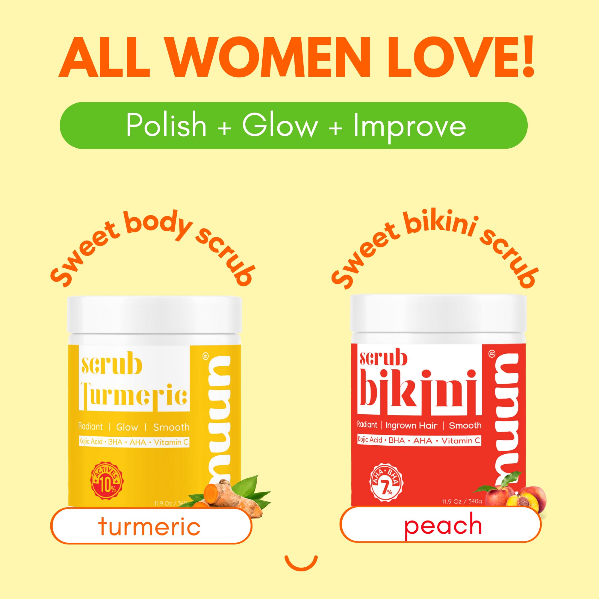 Muun Turmeric Scrub: envase y presentación para uso corporal diario.