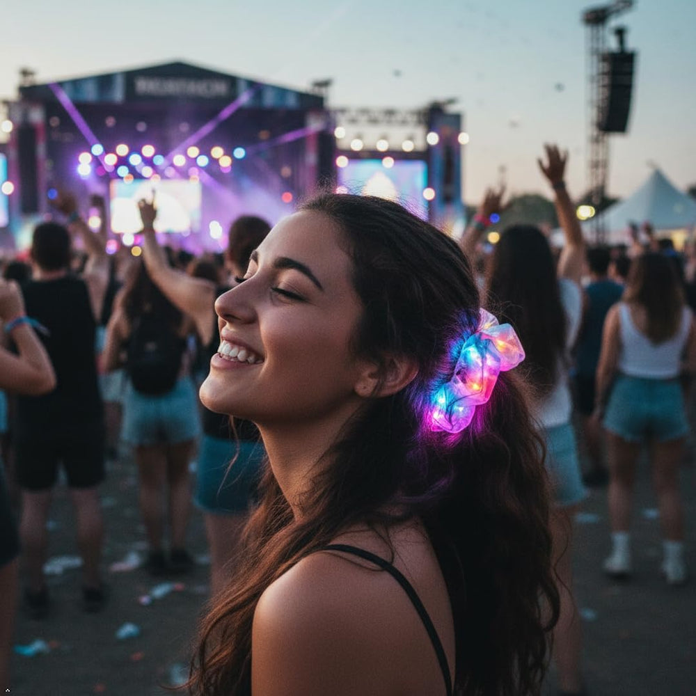 MUYANN scrunchie con luz verde, realce colorido para festivales.