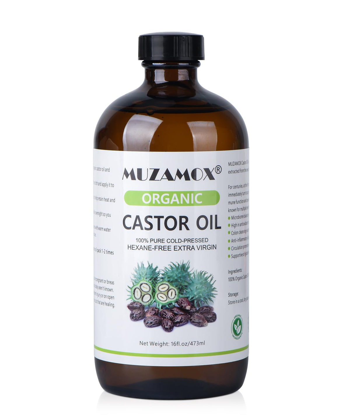 MUZAMOX castor oil in amber glass bottle preserves purity for skin and hair care.