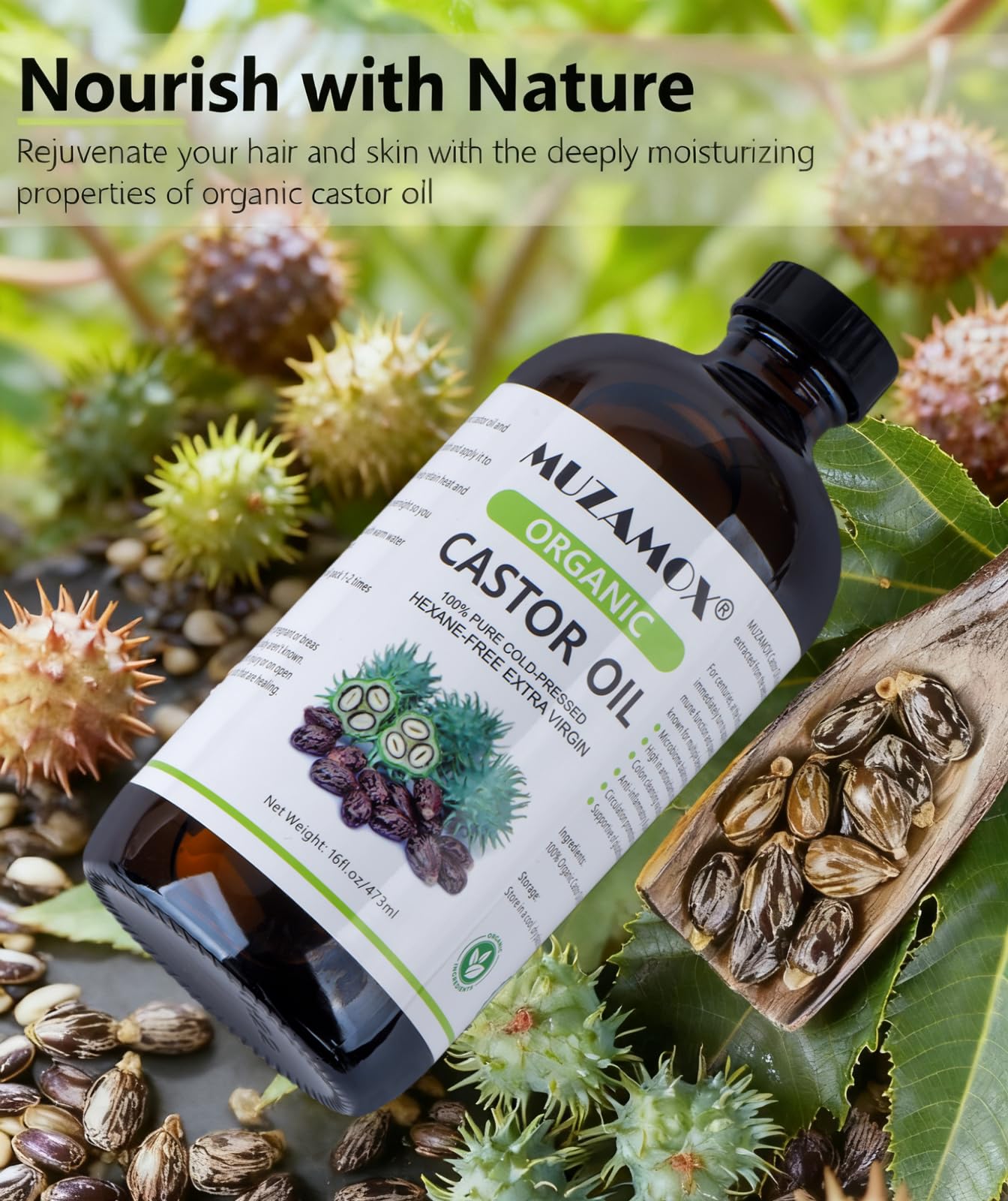 MUZAMOX castor oil helps eyelashes for a fuller appearance.