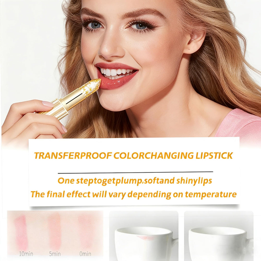 MVC Labial Cambio Color Oro Cristal, acabado luminiscente que agrega volumen sutil
