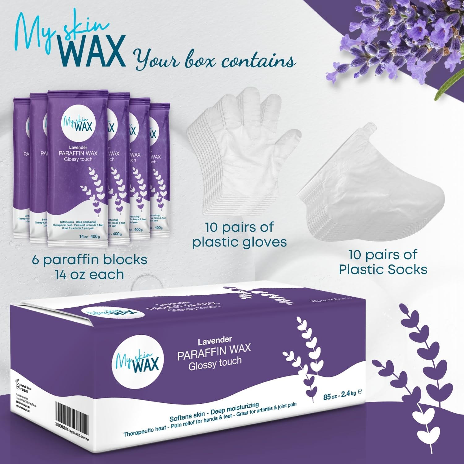 My Skin WAX disposable gloves for hands and feet shown with wax.