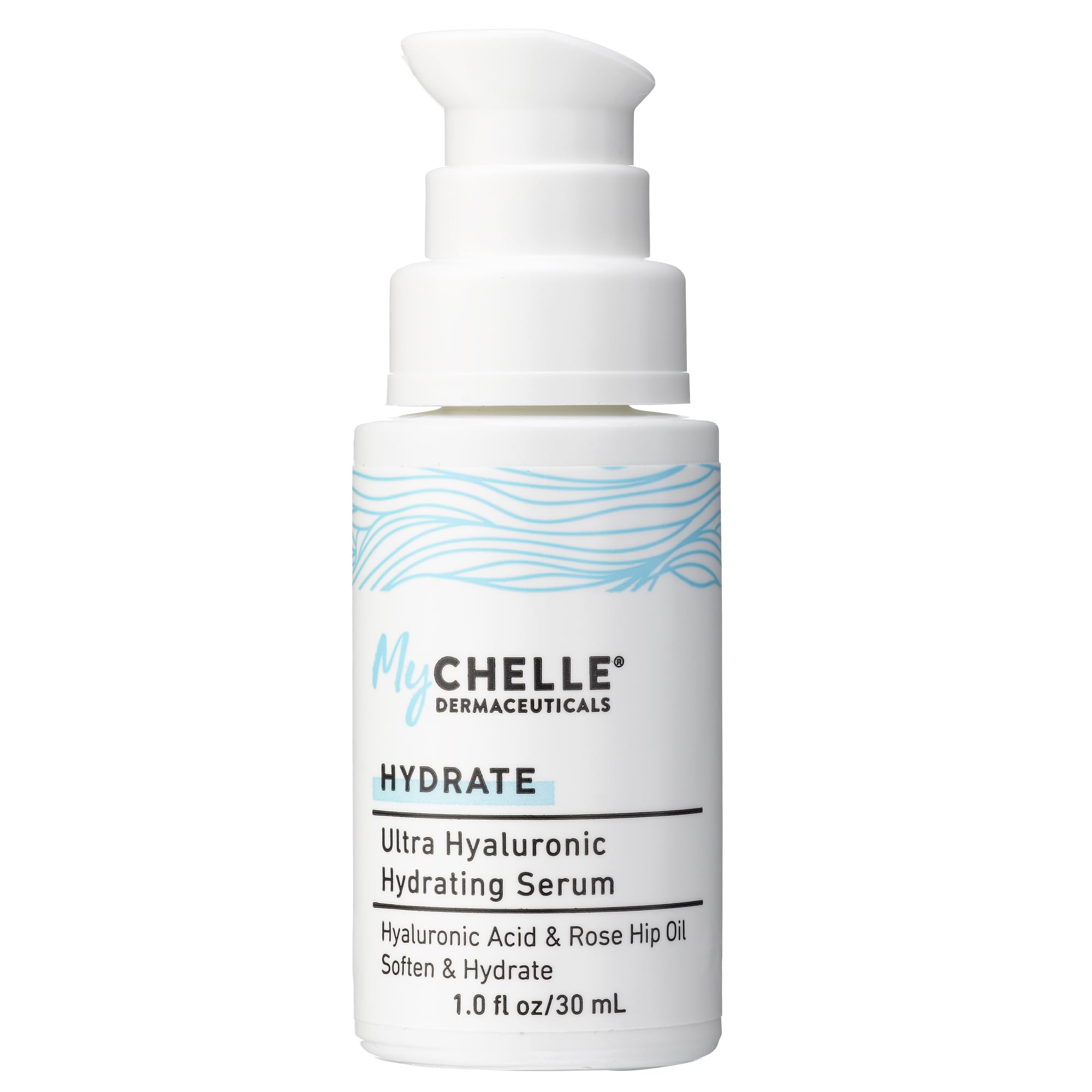 MyCHELLE Ultra Hyaluronic Serum bottle on a bathroom shelf for daily hydration.
