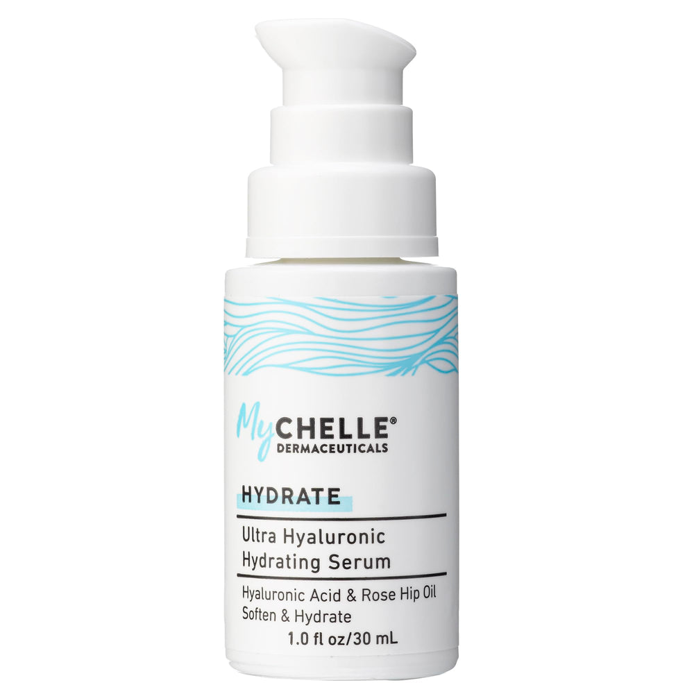 MyCHELLE Ultra Hyaluronic Serum bottle on a bathroom shelf for daily hydration.