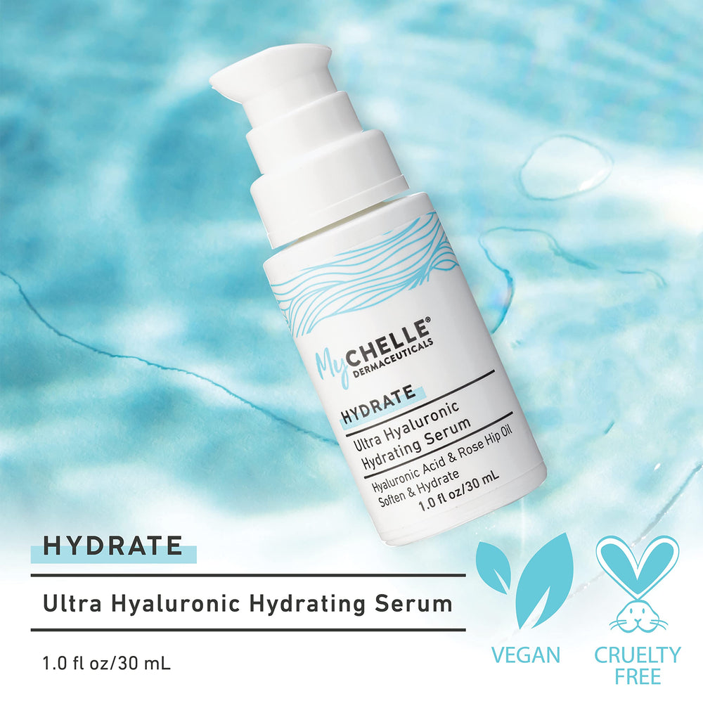 MyCHELLE Ultra Hyaluronic Serum dropper releasing hydrating formula for dry skin.