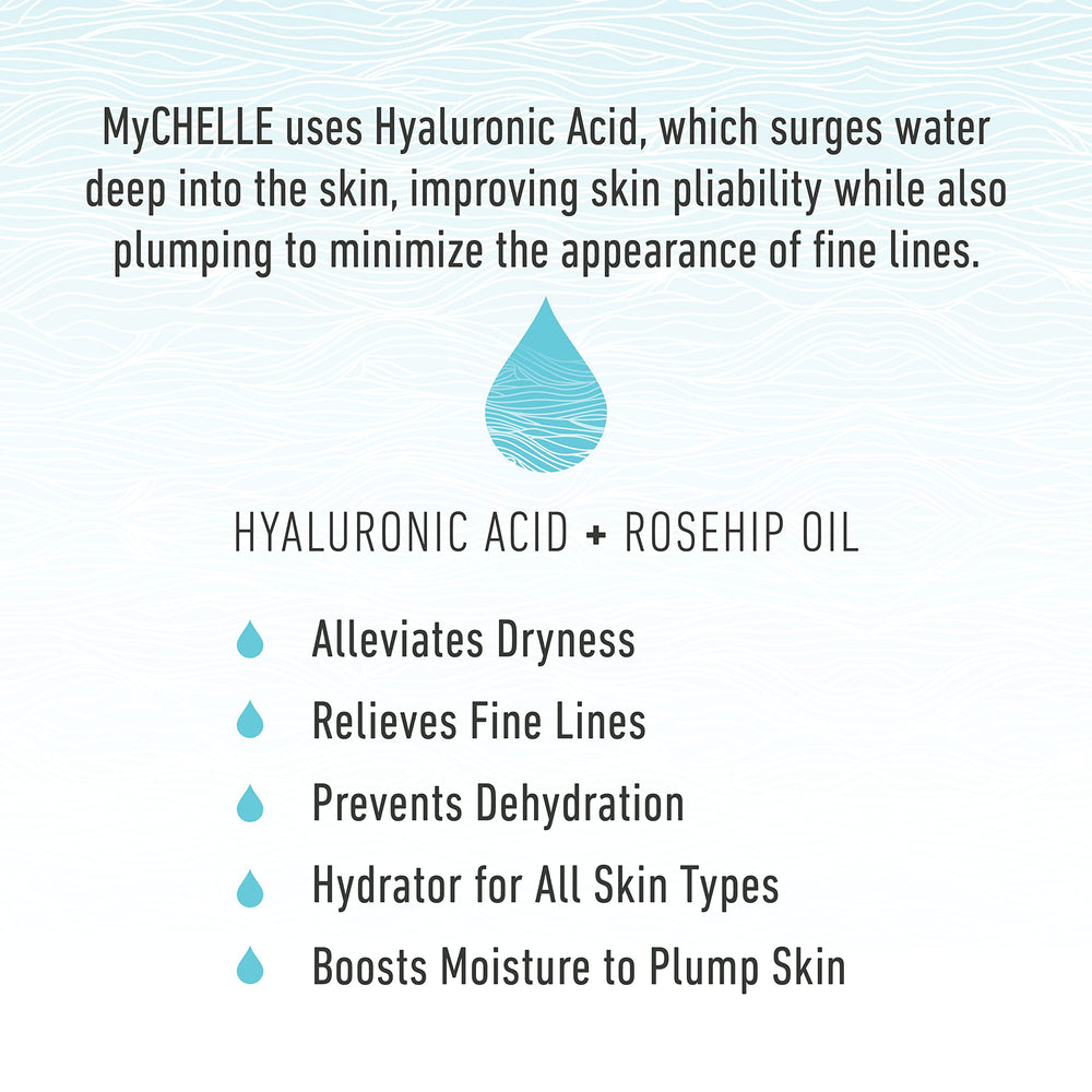 MyCHELLE Ultra Hyaluronic Serum label close-up showing vegan, cruelty-free formulation.