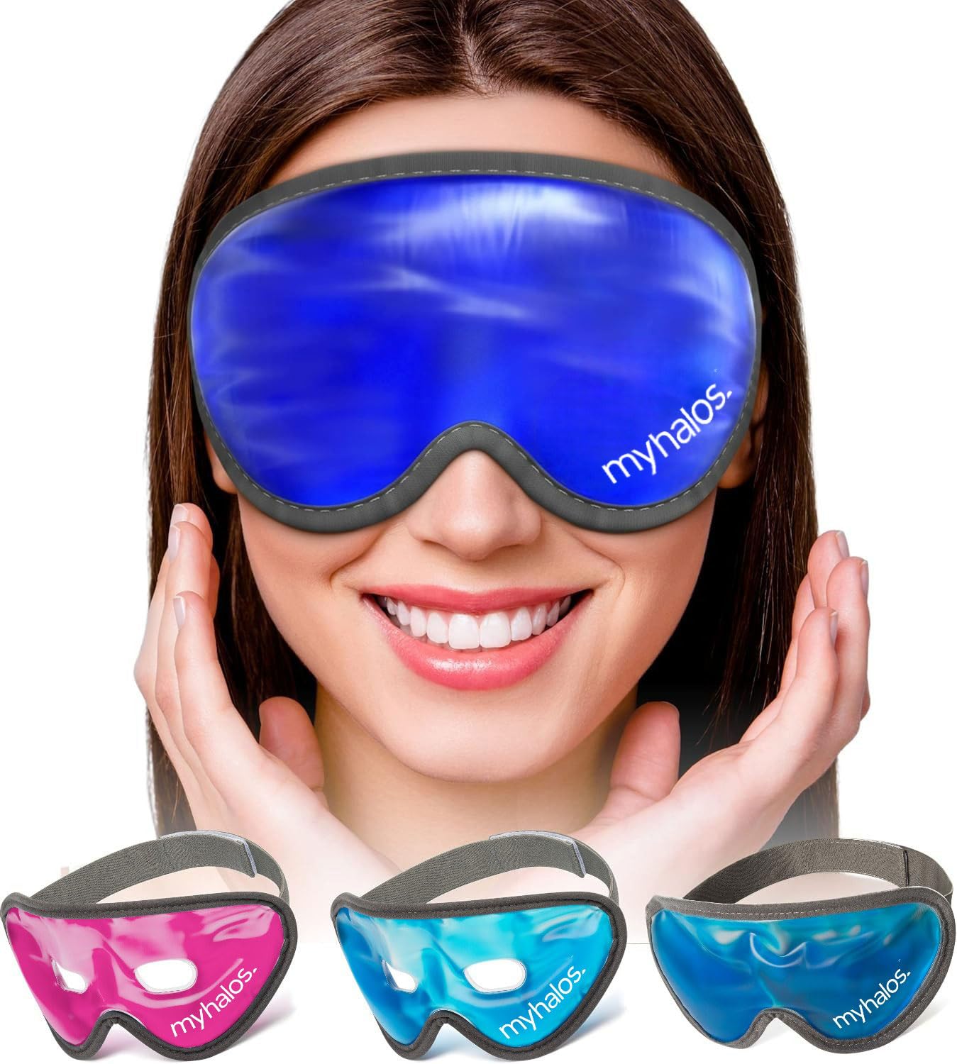 MyHalos gel mask in blue provides full-face cooling for refreshed eyes.
