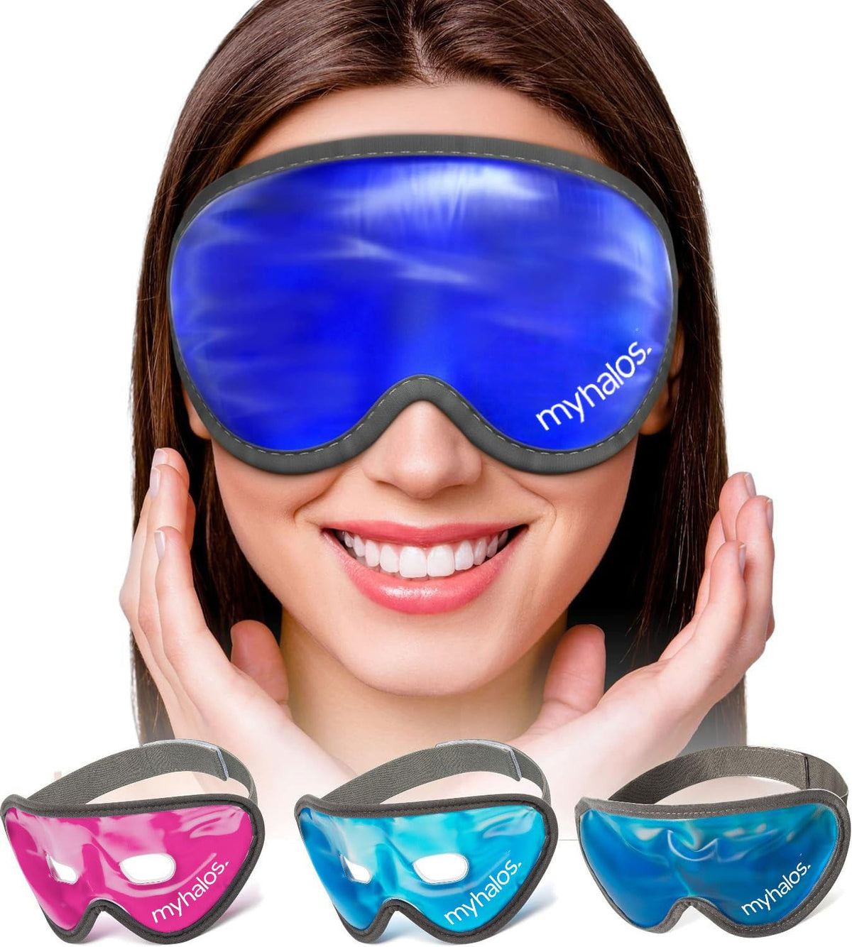 MyHalos gel mask in blue provides full-face cooling for refreshed eyes.