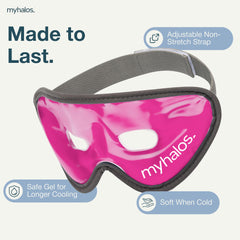 HM cooling eye mask with adjustable strap showcased on a model's head.