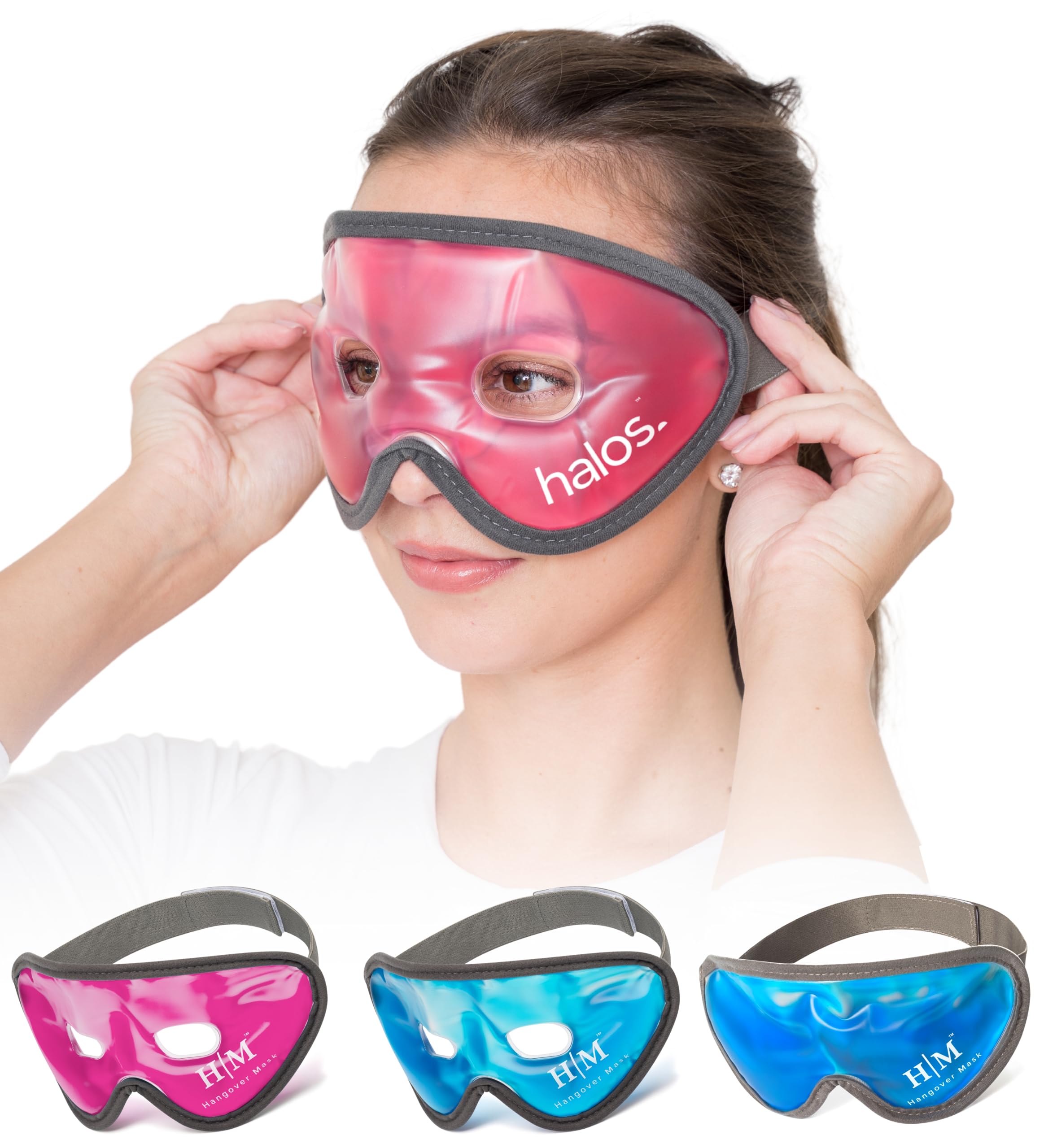 Myhalos HM cooling eye mask worn on the face showing a comfortable fit and contouring.
