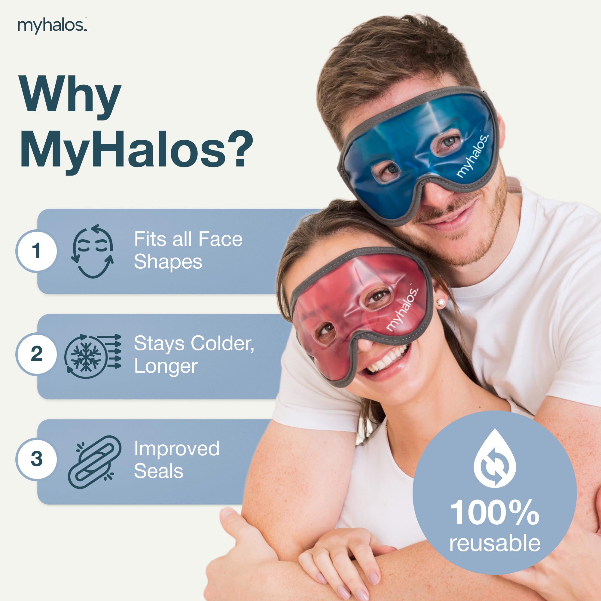 Myhalos HM cooling eye mask in its free travel case for portable relief.