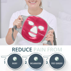 MyHalos Ice Face Mask on face delivers cooling relief for puffiness and migraine symptoms.