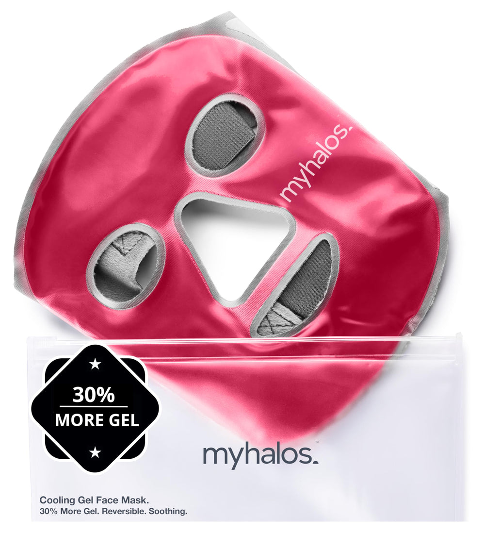 MyHalos Ice Face Mask packaging shows premium gel comfort for soothing cooling relief.