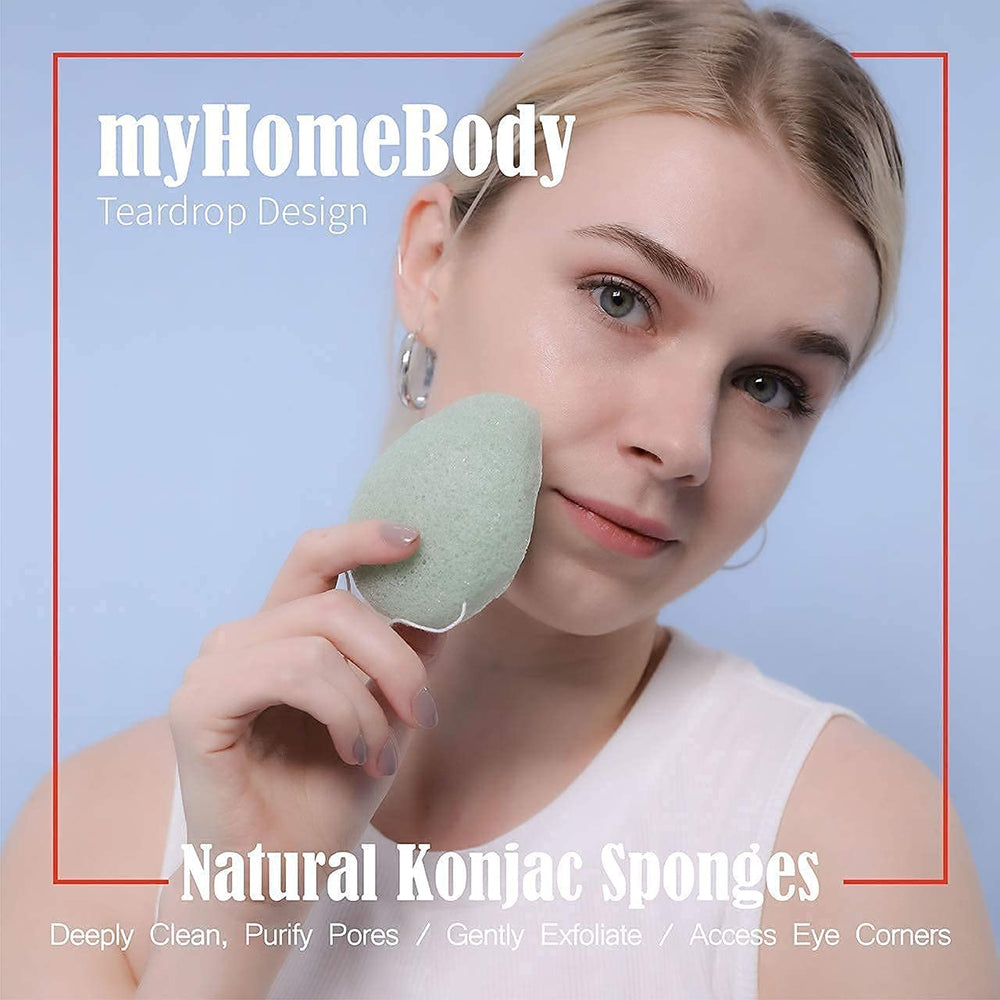 MyHomeBody charcoal-infused konjac sponge closeup for balancing shine and deep cleaning.