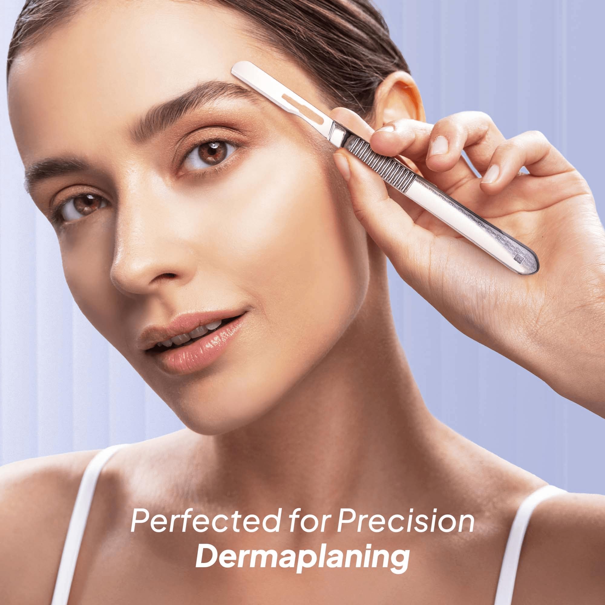 MyMed dermaplane tool in use at 45-degree angle for salon-like results.