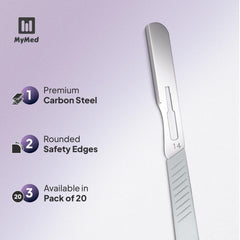 MyMed disposable 14R dermaplaning razor close-up highlighting precision for peach fuzz removal.