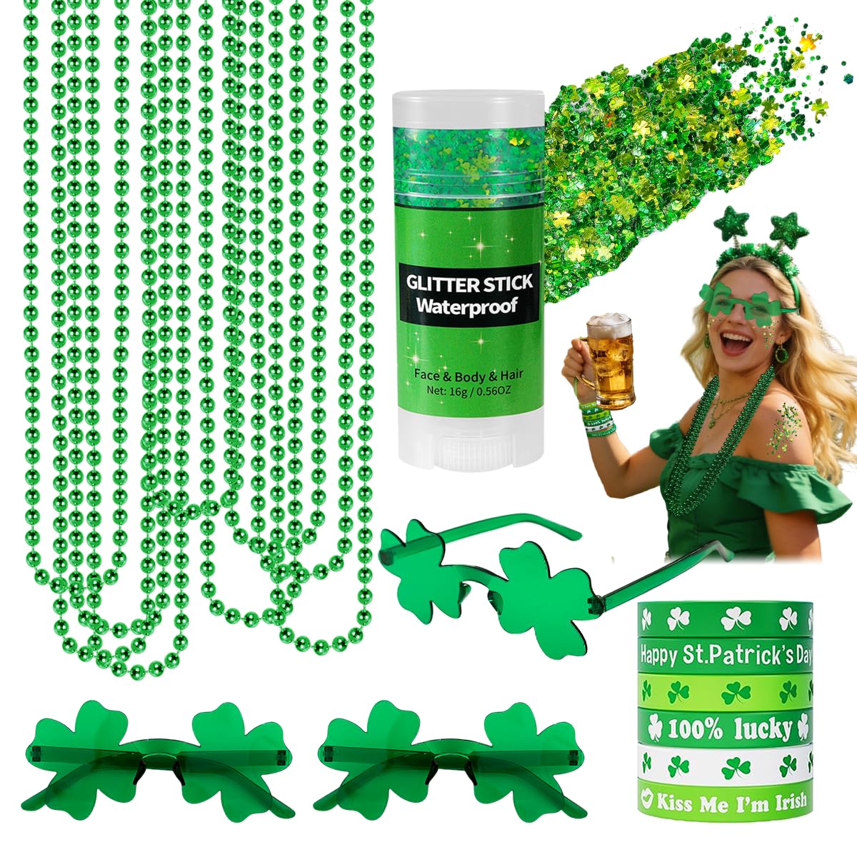 Mysense barra brillo trébol verde para rostro y cuerpo, brillo duradero