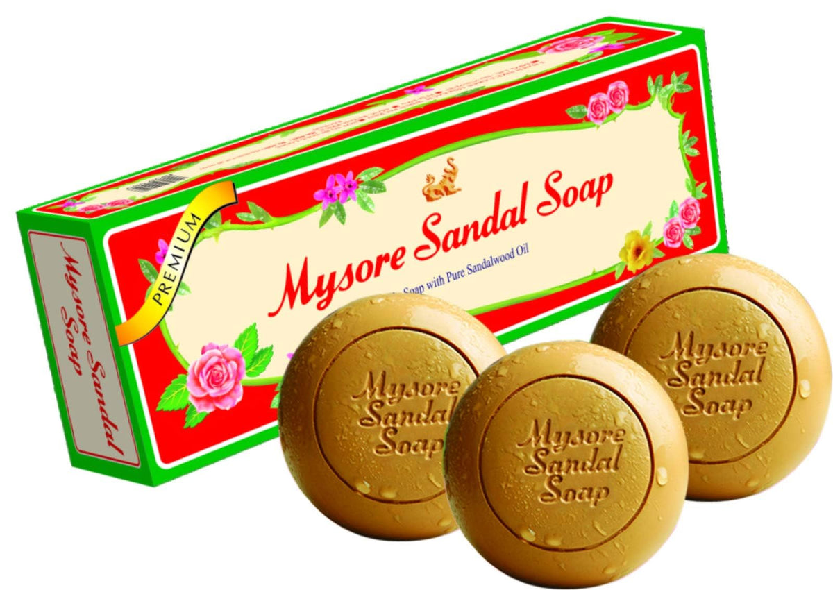 Jabón Mysore Sandal: paquete frontal, fragancia duradera para tu rutina diaria.