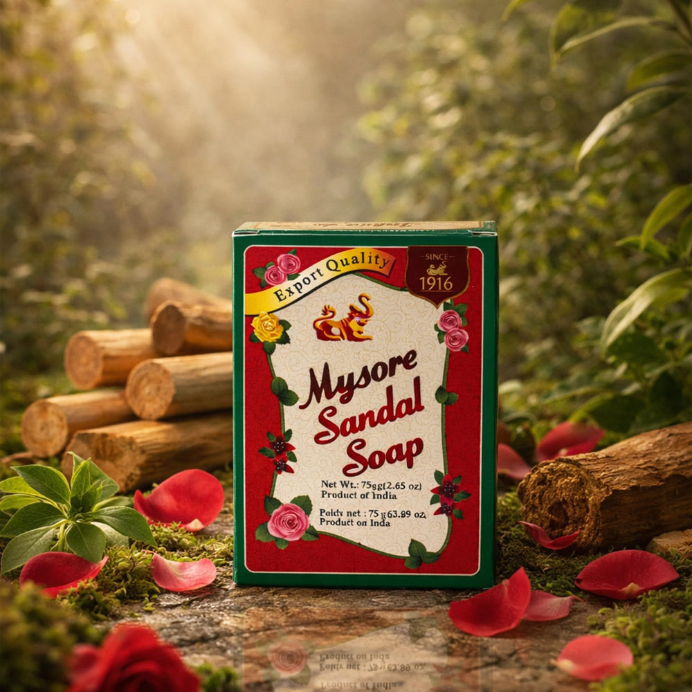 Mysore Sandal Soap bar close-up showing natural oils and smooth texture.