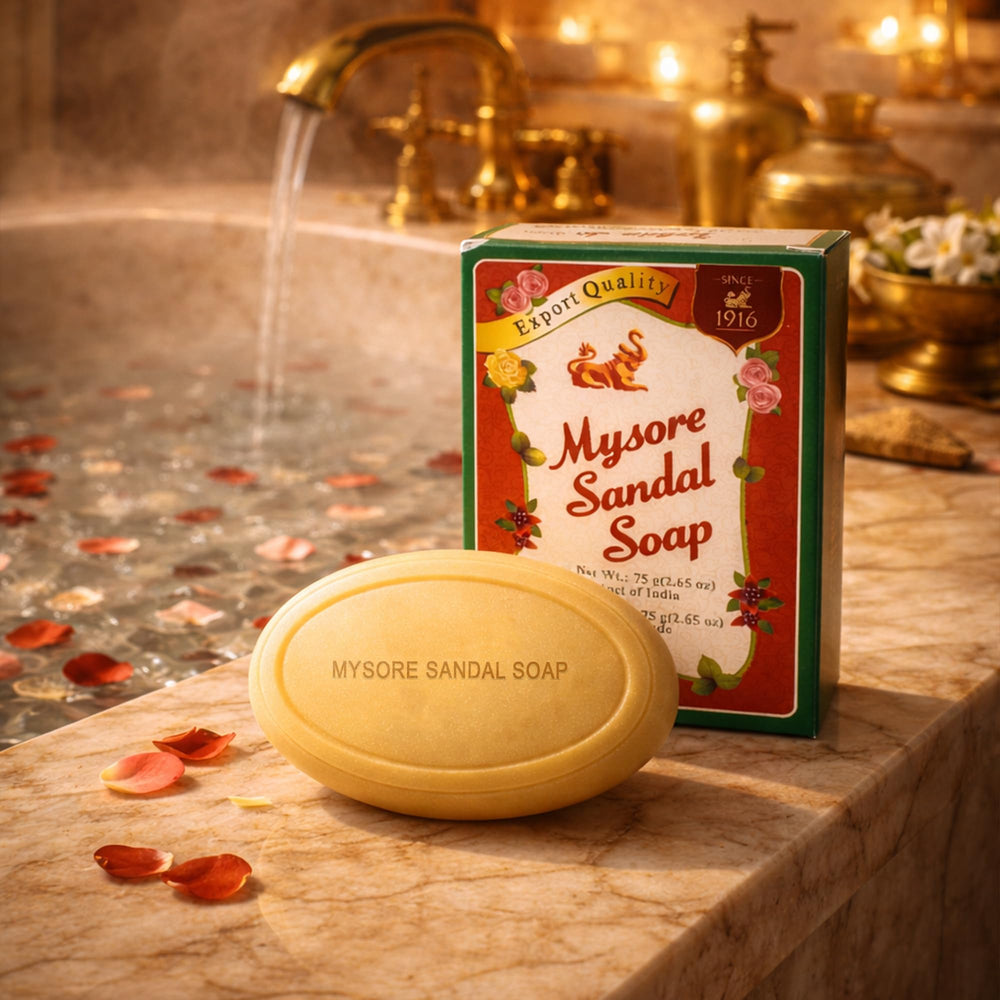 Mysore Sandal Soap texture close-up emphasizes creamy lather and moisturizing feel.