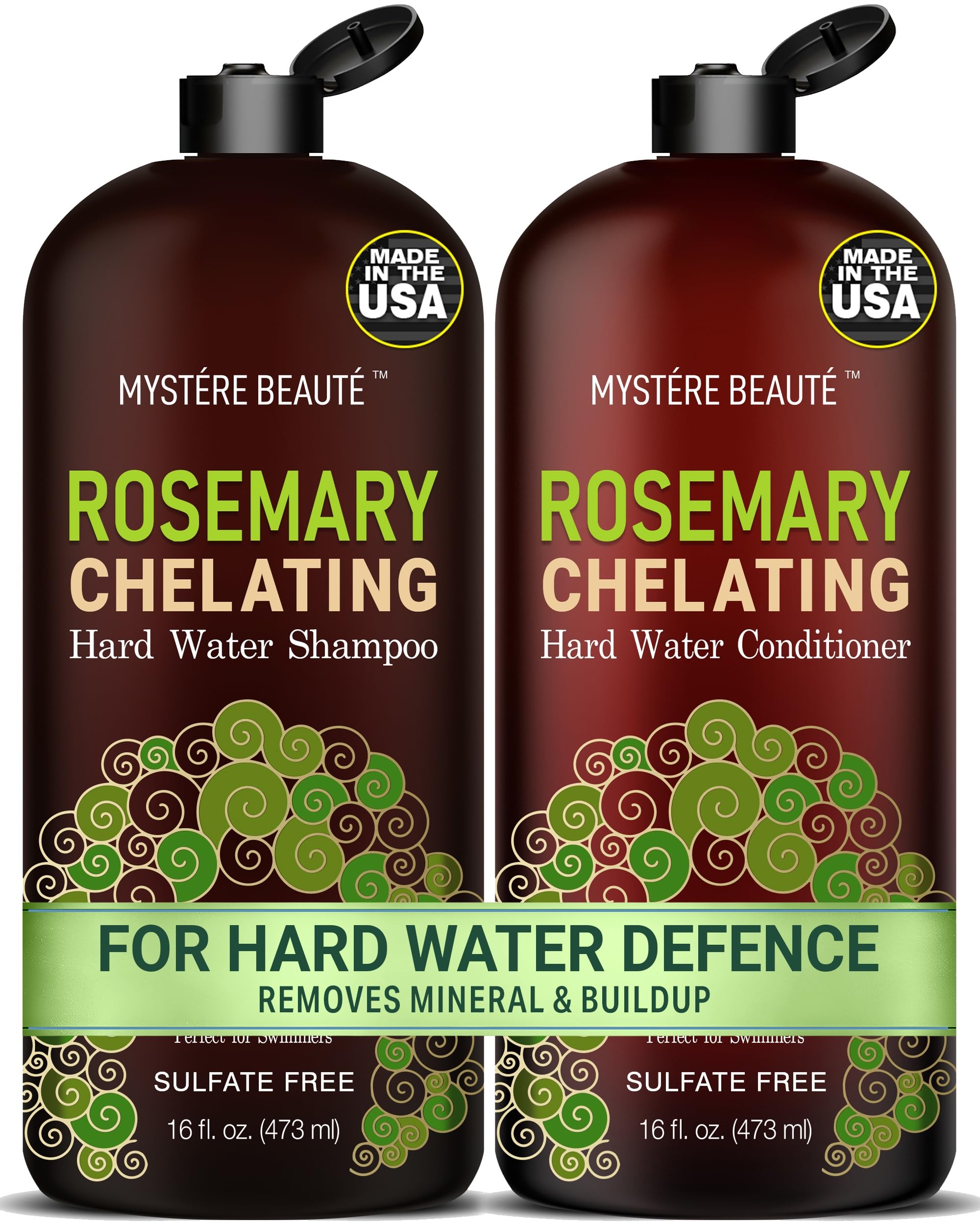MYSTÉRE BEAUTÉ Rosemary Chelating Shampoo bottle front highlights mineral removal for clearer hair