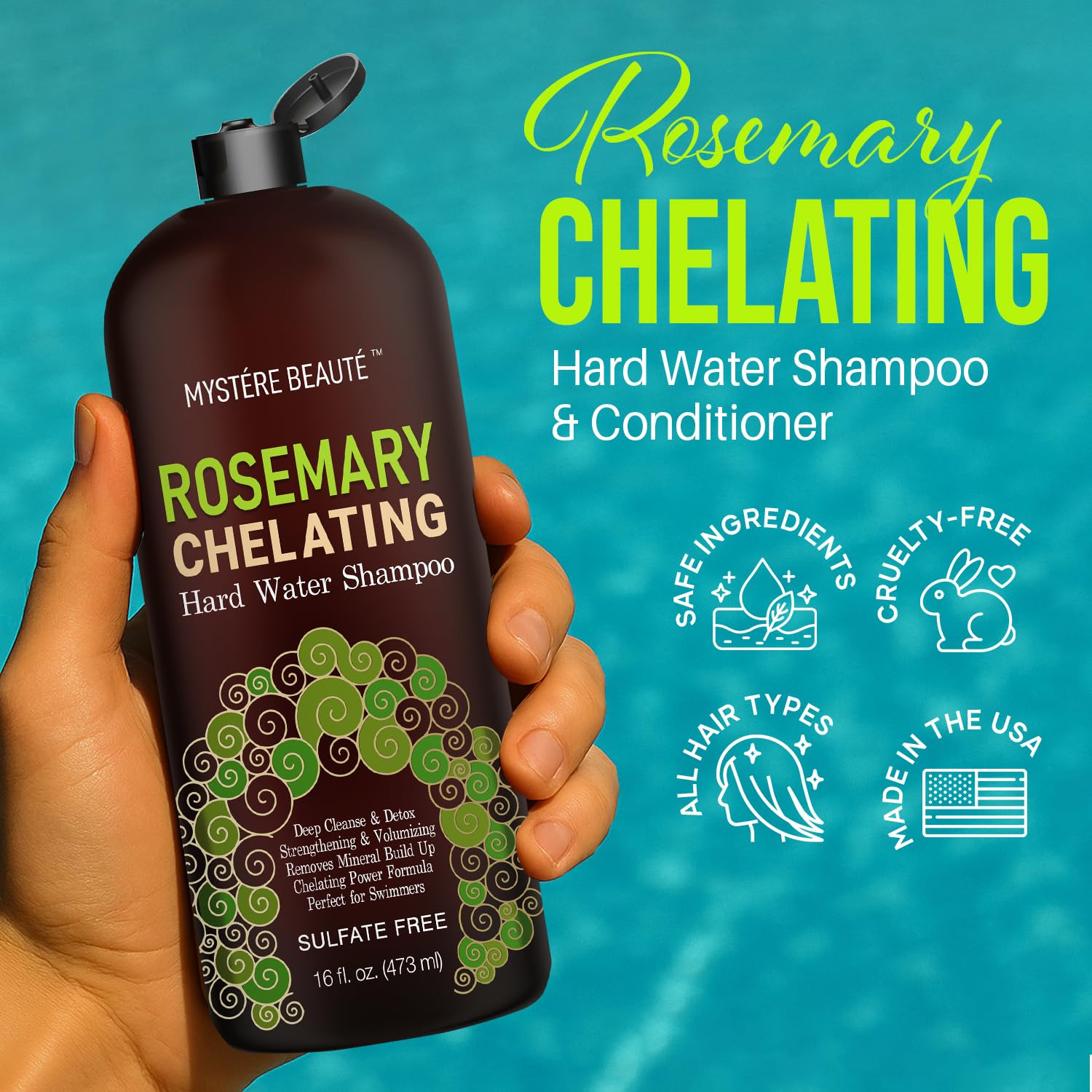 MYSTÉRE BEAUTÉ Rosemary Chelating Shampoo bottle pour demonstrates easy cleansing