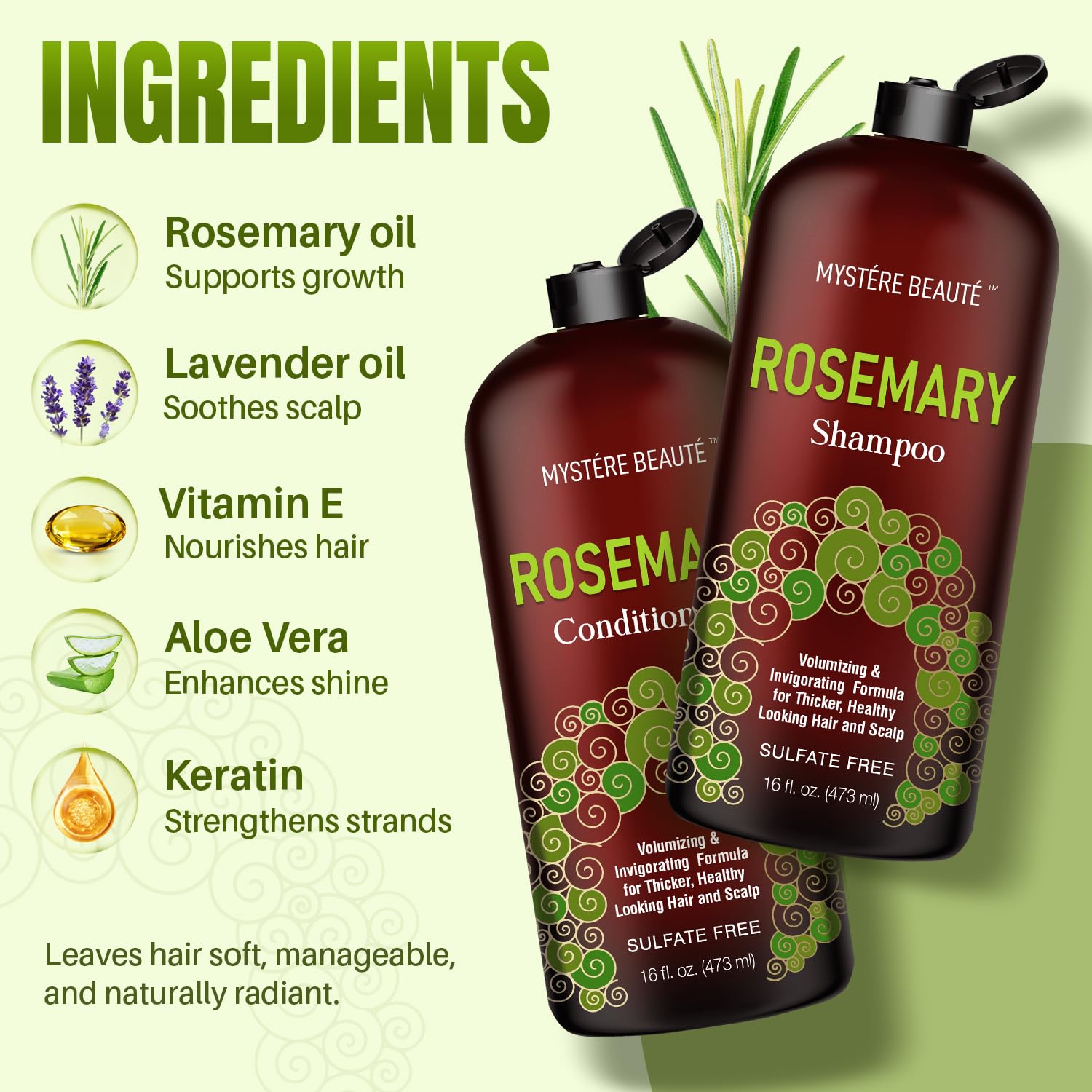 Close-up of rosemary shampoo ingredients highlighting biotin and keratin for stronger strands