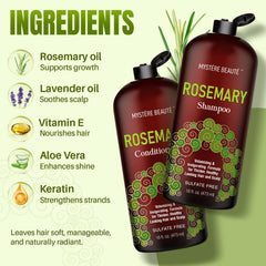 Close-up of rosemary shampoo ingredients highlighting biotin and keratin for stronger strands