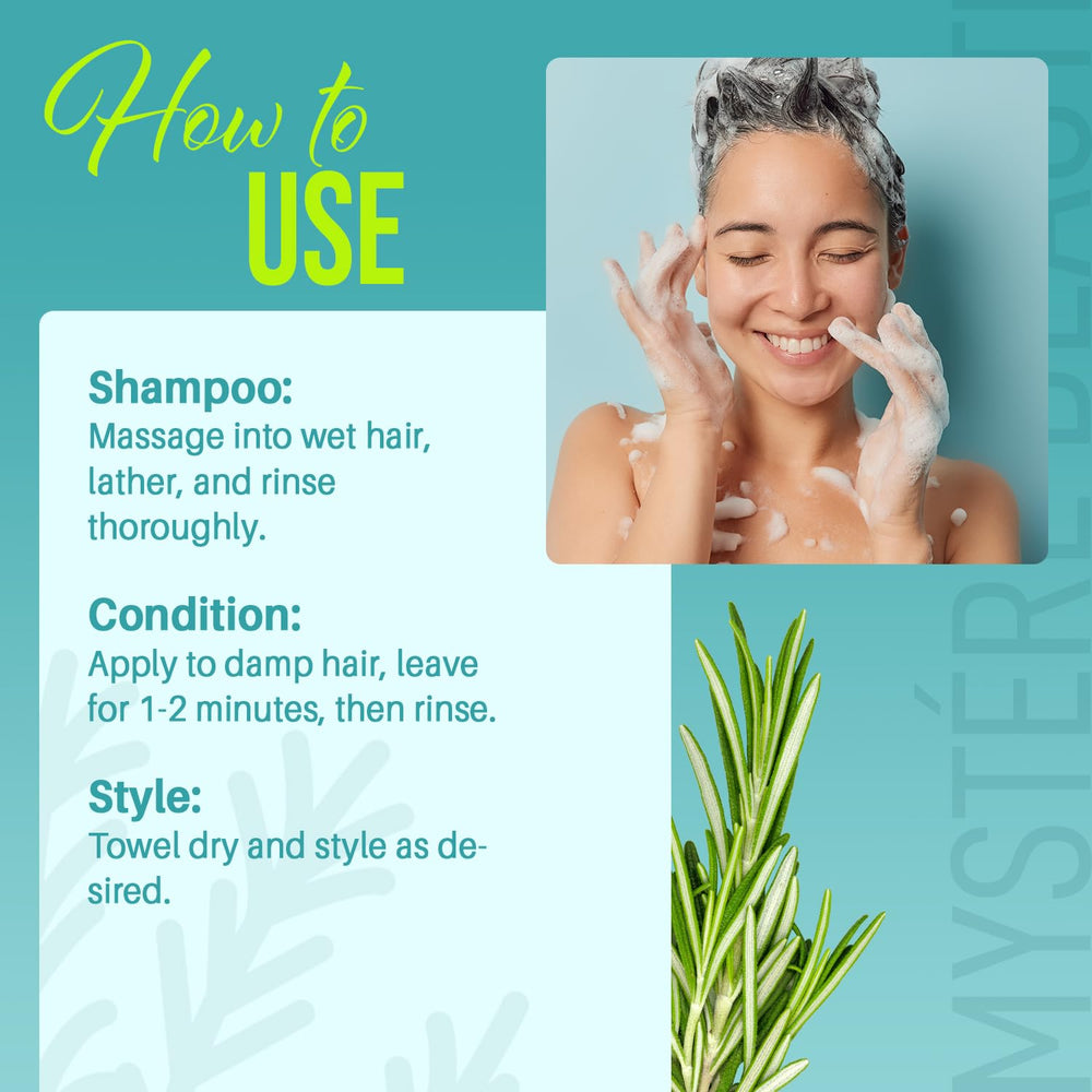 MYSTÉRE BEAUTÉ Rosemary Tea Tree bottle focuses on soothing scalp care