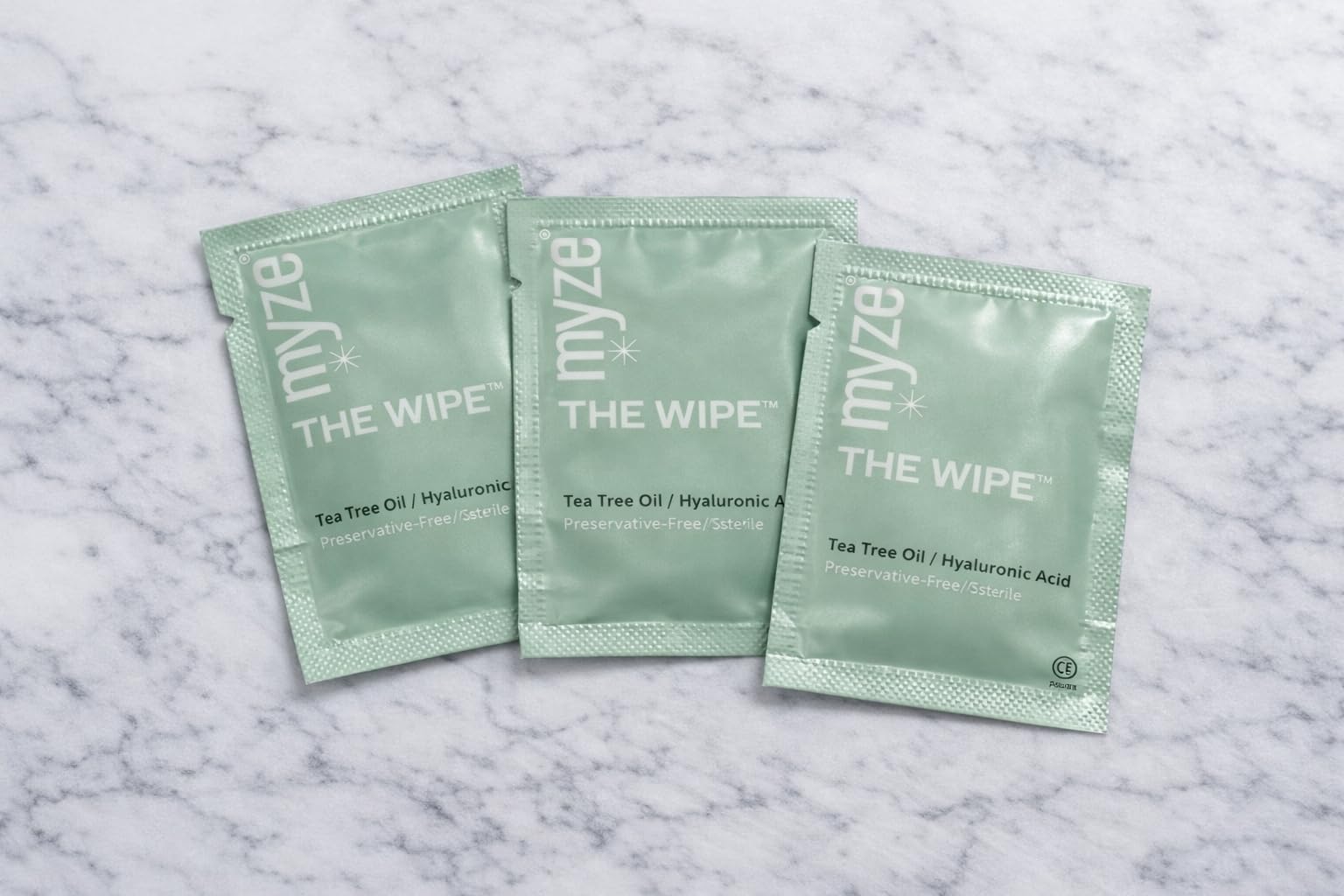 Myze Wipe highlights hyaluronic acid hydration for the eye area.