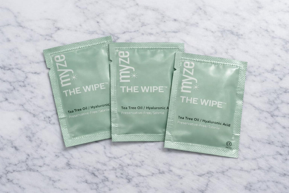 Myze Wipe highlights hyaluronic acid hydration for the eye area.
